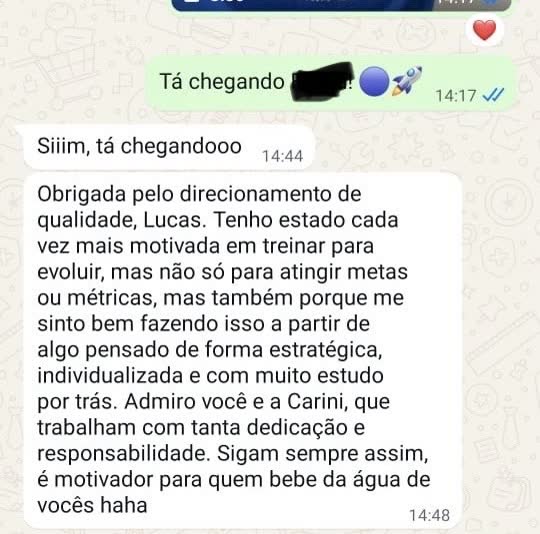 Print de depoimento de aluno da assessoria no WhatsApp